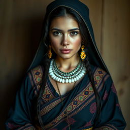 A portrait of a Bolivian woman dressed in traditional attire, with a sensual and captivating gaze