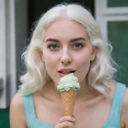 Photo of a 30-year-old girl of average build, with white hair, eating an ice cream. She has long square proportional facial features, dimples in her cheeks, bow lips, large black eyebrows, smooth medium green eyes, and swarthy skin