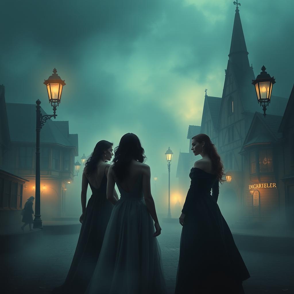 A group of women in a mysterious town, surrounded by fog and dimly lit street lamps