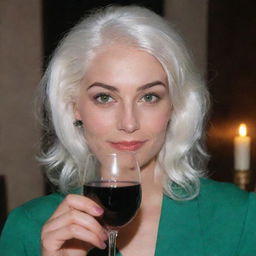 Photo of a 30-year-old girl of average build, with white hair, holding a glass of wine. She has long square proportional facial features, dimples in her cheeks, bow lips, large black eyebrows, smooth medium green eyes, and swarthy skin