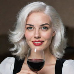 Photo of a 30-year-old girl of average build, with white hair, holding a glass of wine. She has long square proportional facial features, dimples in her cheeks, bow lips, large black eyebrows, smooth medium green eyes, and swarthy skin