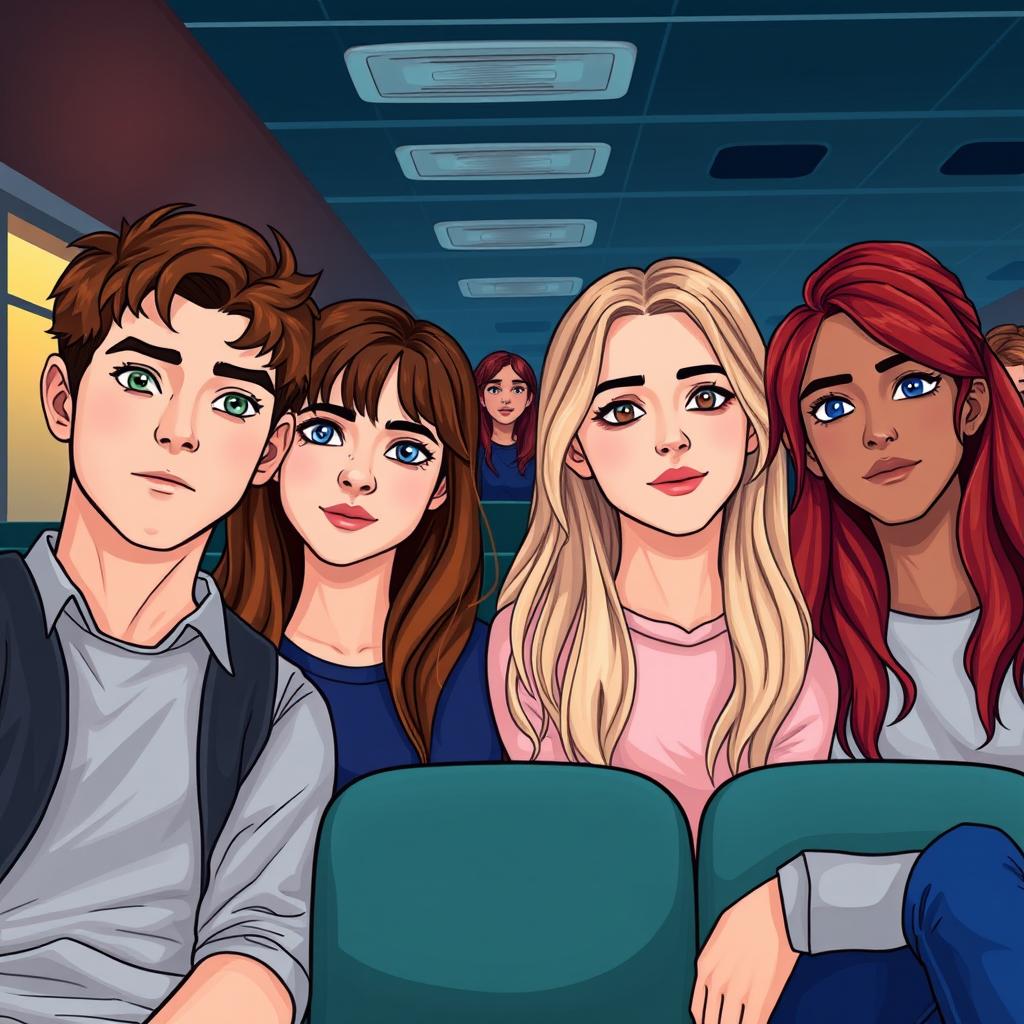 Create a modern-day scene set in 2024 featuring a group of friends in various locations like school and the cinema