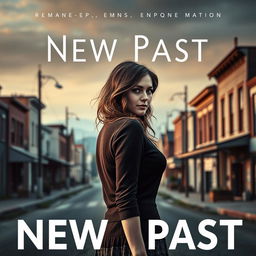 Create an image of a woman in a new town, looking over her shoulder as if trying to escape her past