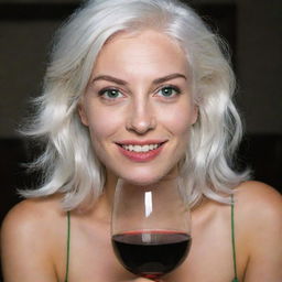 Photo of a 30-year-old girl of average build, with white hair, holding a glass of wine. She has long square proportional facial features, dimples in her cheeks, bow lips, large black eyebrows, smooth medium green eyes, and swarthy skin