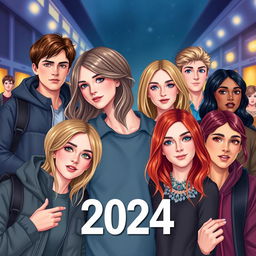 Create a modern-day book cover set in 2024 featuring a group of friends in various locations like school and the cinema