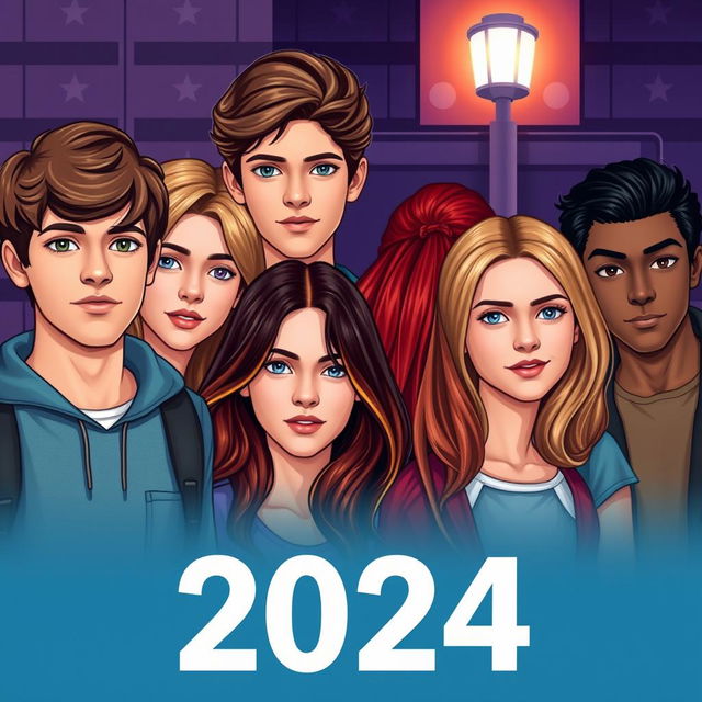 Create a modern-day book cover set in 2024 featuring a group of friends in various locations like school and the cinema