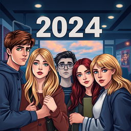 Create a modern-day book cover set in 2024 featuring a group of friends in various locations like school and the cinema