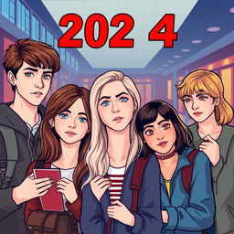 Create a modern-day book cover set in 2024 featuring a group of friends in various locations like school and the cinema