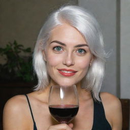 Photo of a 30-year-old girl of average build, with white hair, holding a glass of wine. She has long square proportional facial features, dimples in her cheeks, bow lips, large black eyebrows, smooth medium green eyes, and swarthy skin