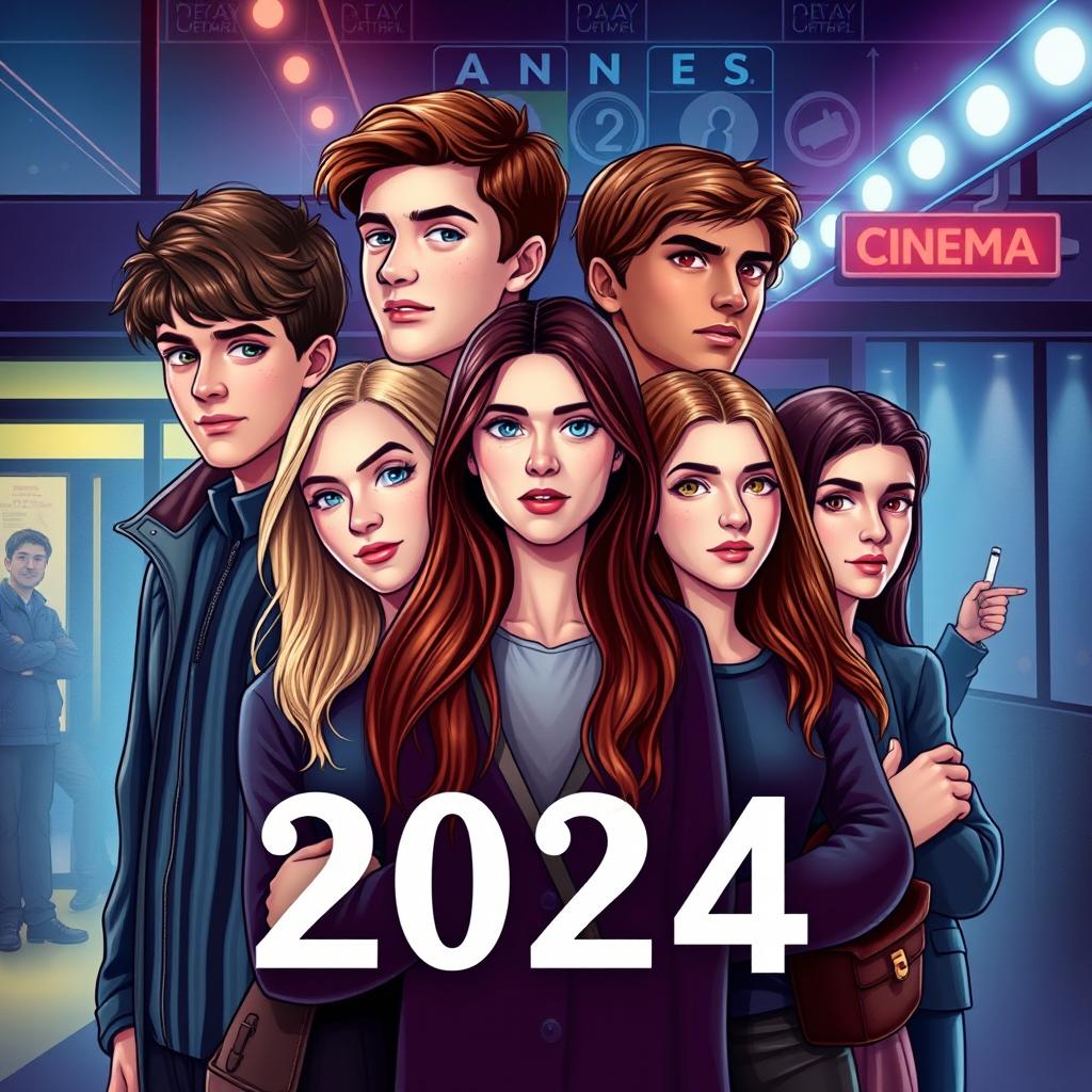 Create a book cover set in 2024 featuring a group of friends in various modern locations like school and the cinema