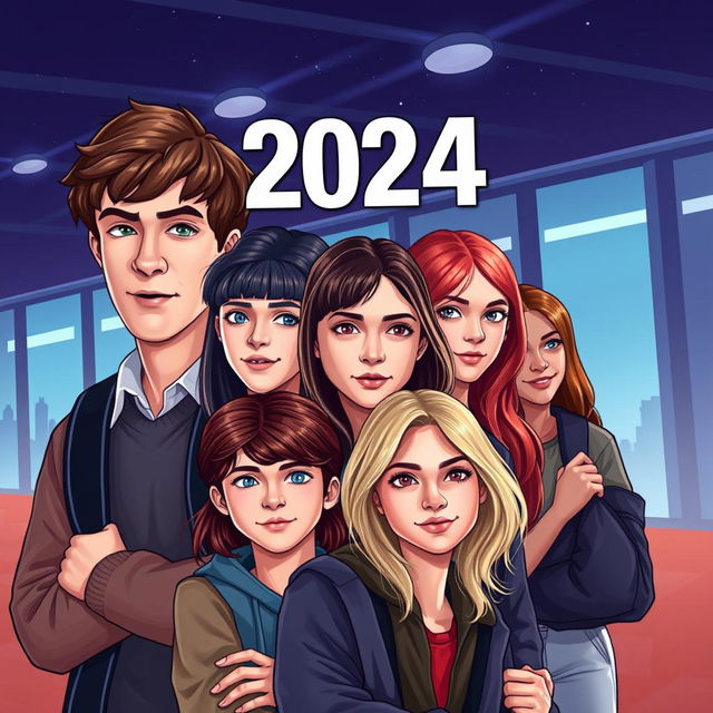 Create a book cover set in 2024 featuring a group of friends in various modern locations like school and the cinema