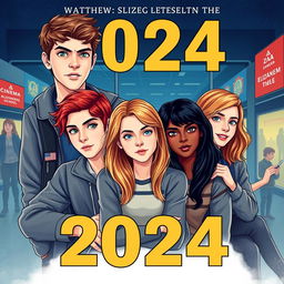 Create a book cover set in 2024 featuring a group of friends in various modern locations like school and the cinema