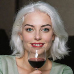 Photo of a 30-year-old, average-build girl with white hair, enjoying a glass of wine. Her features include long square proportional facial characteristics, dimples in the cheeks, bow lips, large black eyebrows, smooth medium green eyes, and swarthy skin