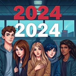 Create a book cover set in 2024 featuring a group of friends in various modern locations like school and the cinema