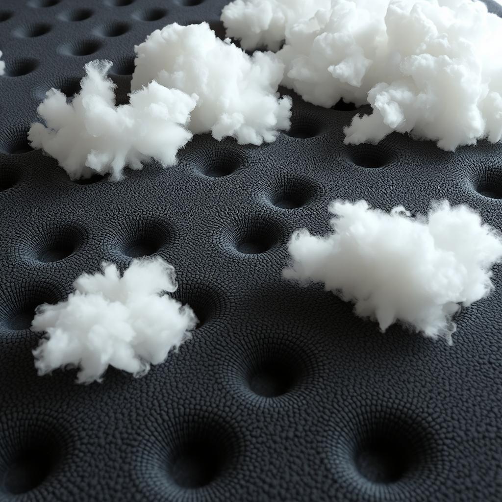 A high-resolution image of a porous black foam mattress with a textured, porous surface