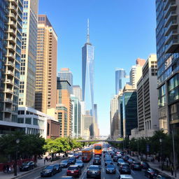 A bustling modern cityscape with tall skyscrapers, busy streets filled with cars and pedestrians, and a clear blue sky