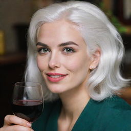 Photo of a 30-year-old, average-build girl with white hair, enjoying a glass of wine. Her features include long square proportional facial characteristics, dimples in the cheeks, bow lips, large black eyebrows, smooth medium green eyes, and swarthy skin