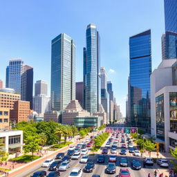 A bustling modern cityscape with tall skyscrapers, busy streets filled with cars and pedestrians, and a clear blue sky