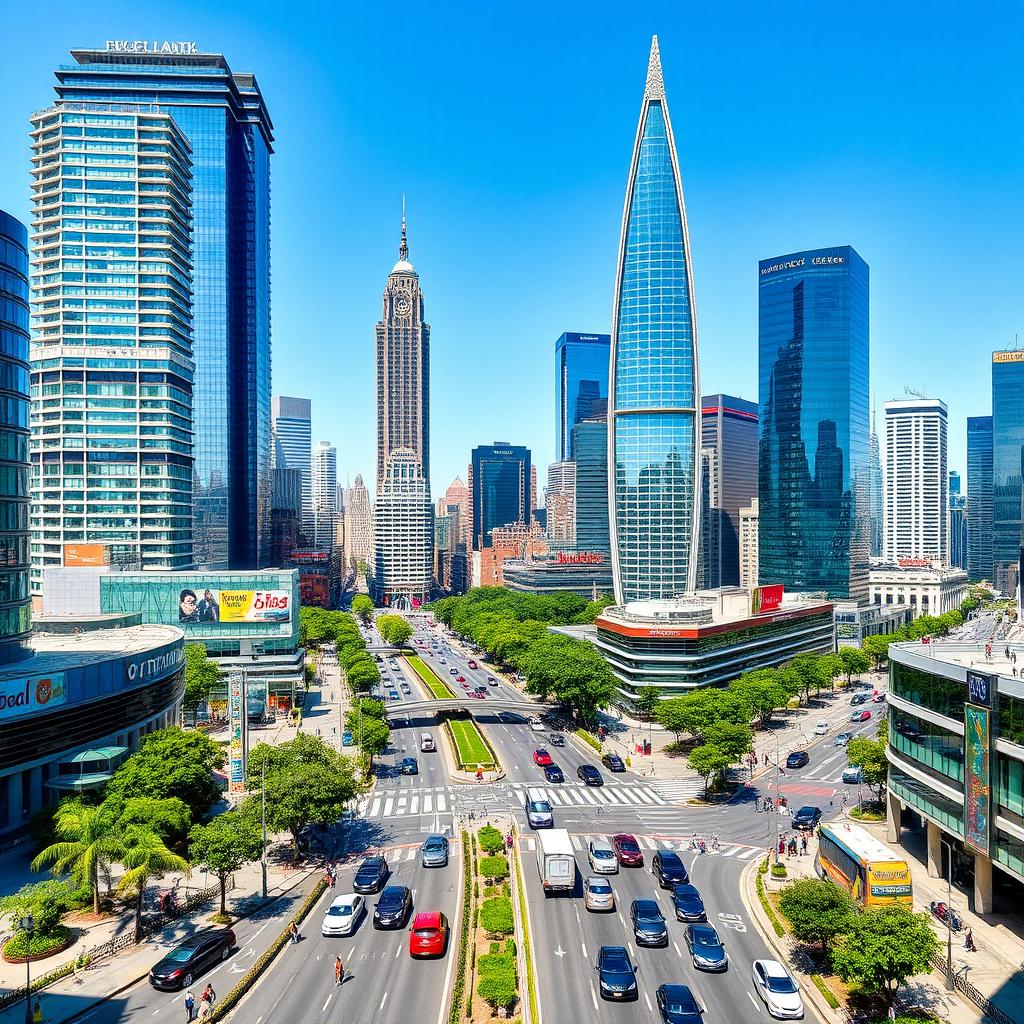 A bustling modern cityscape with tall skyscrapers, busy streets filled with cars and pedestrians, and a clear blue sky