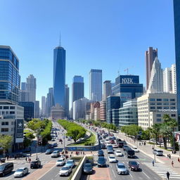 A bustling modern cityscape with tall skyscrapers, busy streets filled with cars and pedestrians, and a clear blue sky