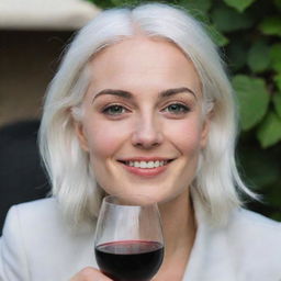 Photo of a 30-year-old, average-build girl with white hair, enjoying a glass of wine. Her features include long square proportional facial characteristics, dimples in the cheeks, bow lips, large black eyebrows, smooth medium green eyes, and swarthy skin