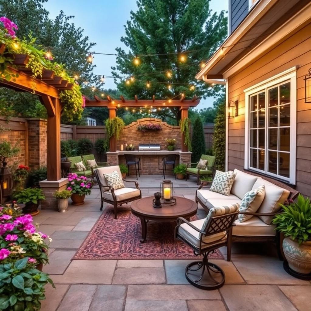 Design a beautiful outdoor patio that exudes charm and elegance