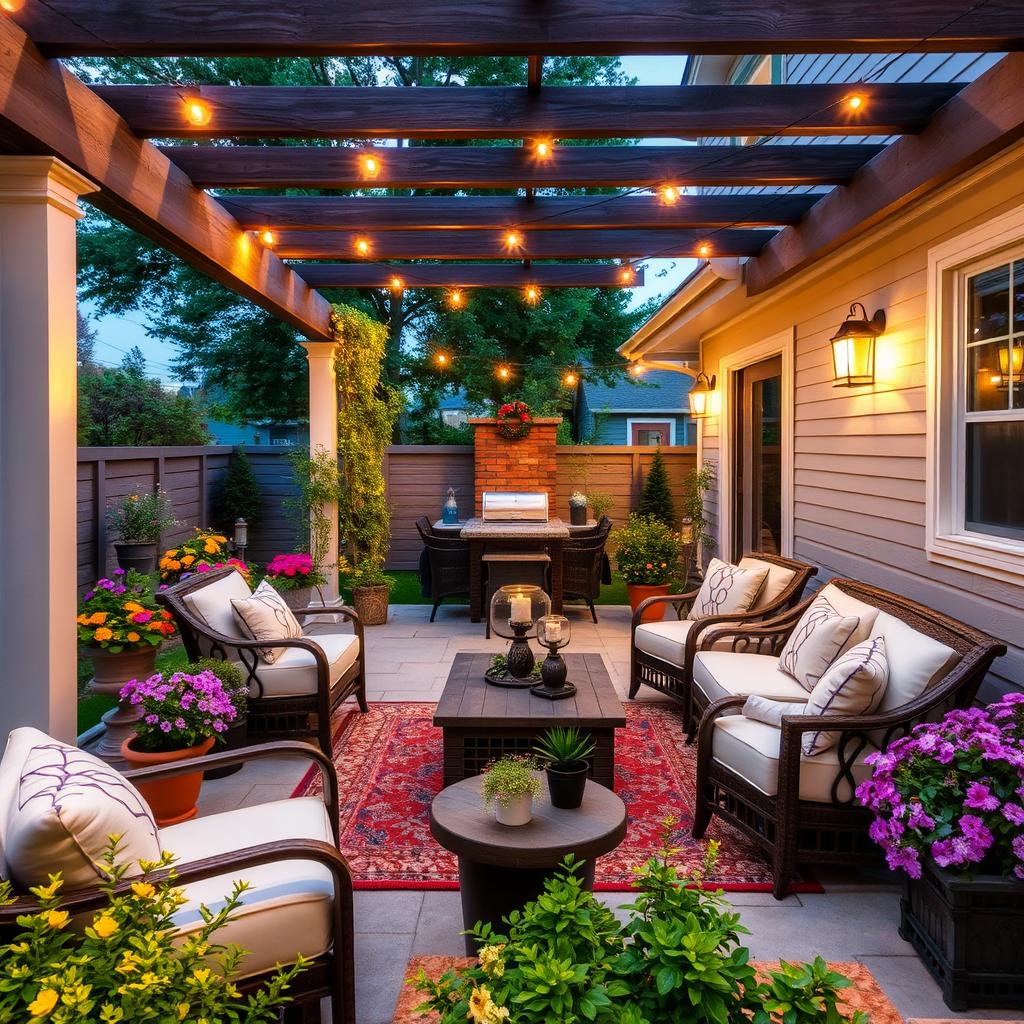 Design a beautiful outdoor patio that exudes charm and elegance