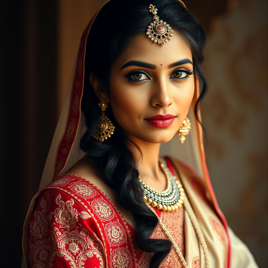 A portrait of an Indian woman dressed in traditional attire, with a sensual and captivating gaze