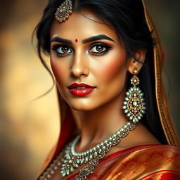 A portrait of an Indian woman dressed in traditional attire, with a sensual and captivating gaze