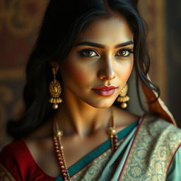 A portrait of an Indian woman dressed in traditional attire, with a sensual and captivating gaze