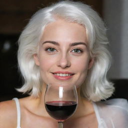 Photo of a 30-year-old, average-build girl with white hair, enjoying a glass of wine. Her features include long square proportional facial characteristics, dimples in the cheeks, bow lips, large black eyebrows, smooth medium green eyes, and swarthy skin