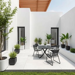 Design a beautiful outdoor patio with a minimalist aesthetic, featuring plants and covering an area of 3 meters by 6 meters