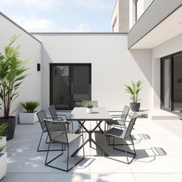 Design a beautiful outdoor patio with a minimalist aesthetic, featuring plants and covering an area of 3 meters by 6 meters