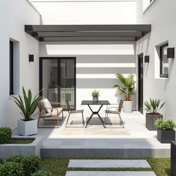 Design a beautiful outdoor patio with a minimalist aesthetic, featuring plants and covering an area of 3 meters by 6 meters