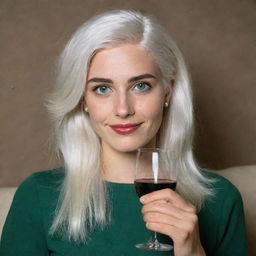 Photograph of a 30-year-old, average-built girl with white hair, holding a glass of wine. Her long square proportional facial features include dimples in the cheeks, bow lips, large black eyebrows, smooth medium green eyes, and swarthy skin