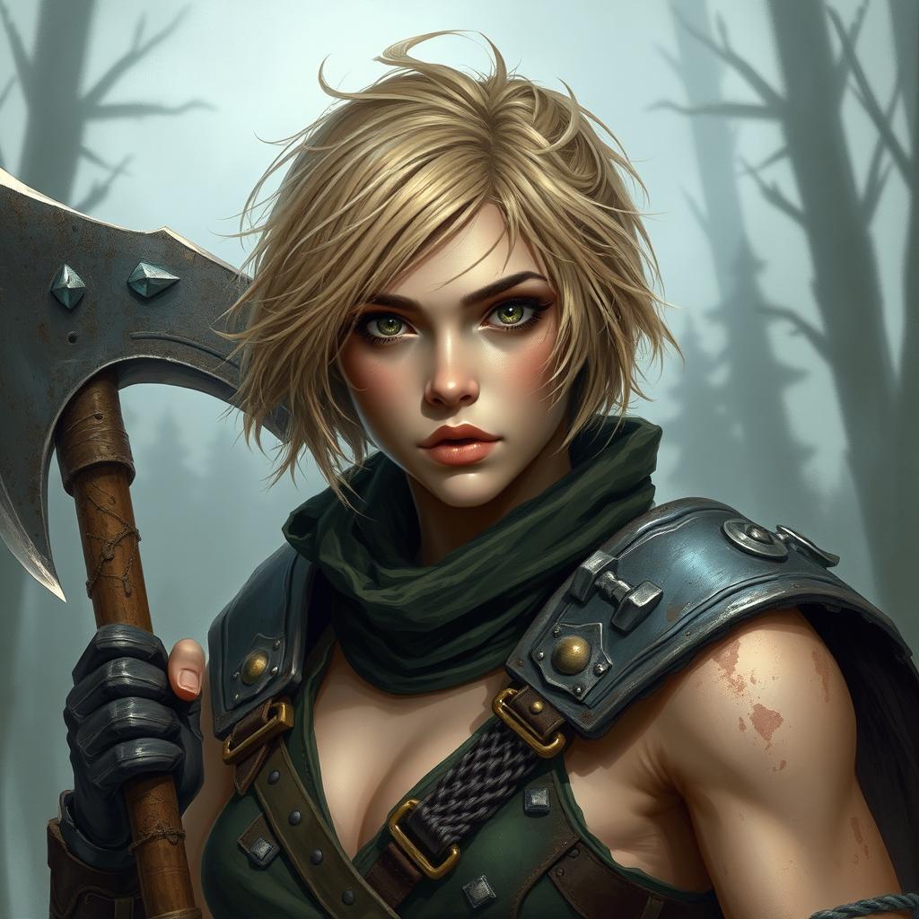 A beautifully painted portrait of a female axe fighter with short, messy beige-colored hair