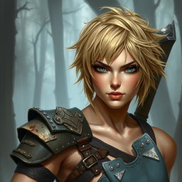 A beautifully painted portrait of a female axe fighter with short, messy beige-colored hair