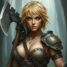 A beautifully painted portrait of a female axe fighter with short, messy beige-colored hair