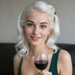 Photograph of a 30-year-old, average-built girl with white hair, holding a glass of wine. Her long square proportional facial features include dimples in the cheeks, bow lips, large black eyebrows, smooth medium green eyes, and swarthy skin