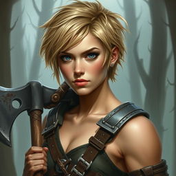 A beautifully painted portrait of a female axe fighter with short, messy beige-colored hair