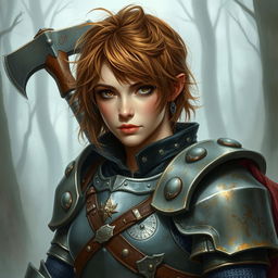 A beautifully painted portrait of a female axe fighter in full armor with short, messy hazel-colored hair