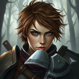 A beautifully painted portrait of a female axe fighter in full armor with short, messy hazel-colored hair