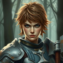 A beautifully painted portrait of a female axe fighter in full armor with short, messy hazel-colored hair