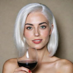 Photograph of a 30-year-old, average-built girl with white hair, holding a glass of wine. Her long square proportional facial features include dimples in the cheeks, bow lips, large black eyebrows, smooth medium green eyes, and swarthy skin