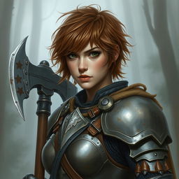 A beautifully painted portrait of a female axe fighter in full armor with short, messy hazel-colored hair