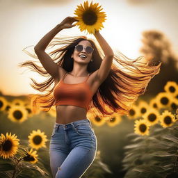 A woman with long black hair, exuberant breasts, wearing sunglasses, dancing with a sunflower during a beautiful sunset