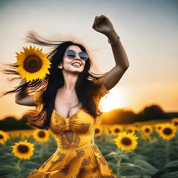 A woman with long black hair, exuberant breasts, wearing sunglasses, dancing with a sunflower during a beautiful sunset