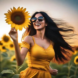 A woman with long black hair, exuberant breasts, wearing sunglasses, dancing with a sunflower during a beautiful sunset