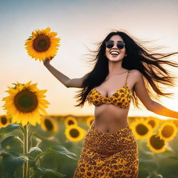 A woman with long black hair, exuberant breasts, wearing sunglasses, dancing with a sunflower during a beautiful sunset