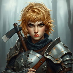 A beautifully painted portrait of a female axe fighter in full armor with short, frizzy, and messy honey beige-colored hair